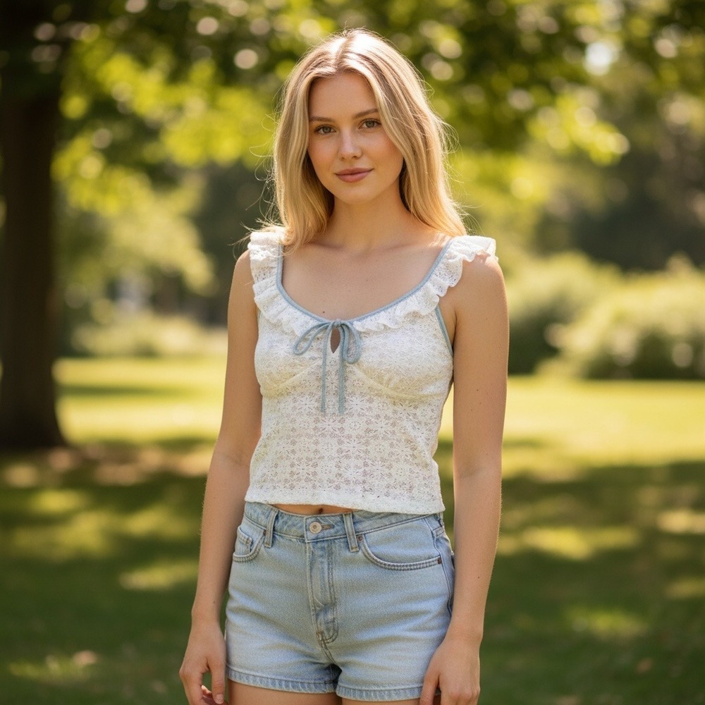 Kirious Lace Camisole M White Blue Ruffle Bow Tie Fairycore Romantic Summer